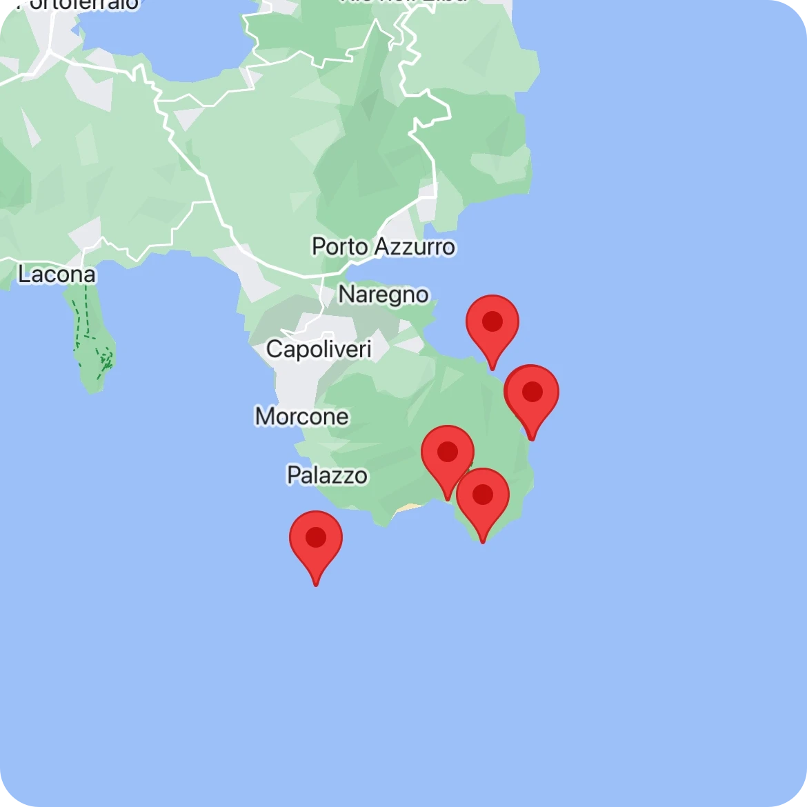 Map showing dive site locations with pins