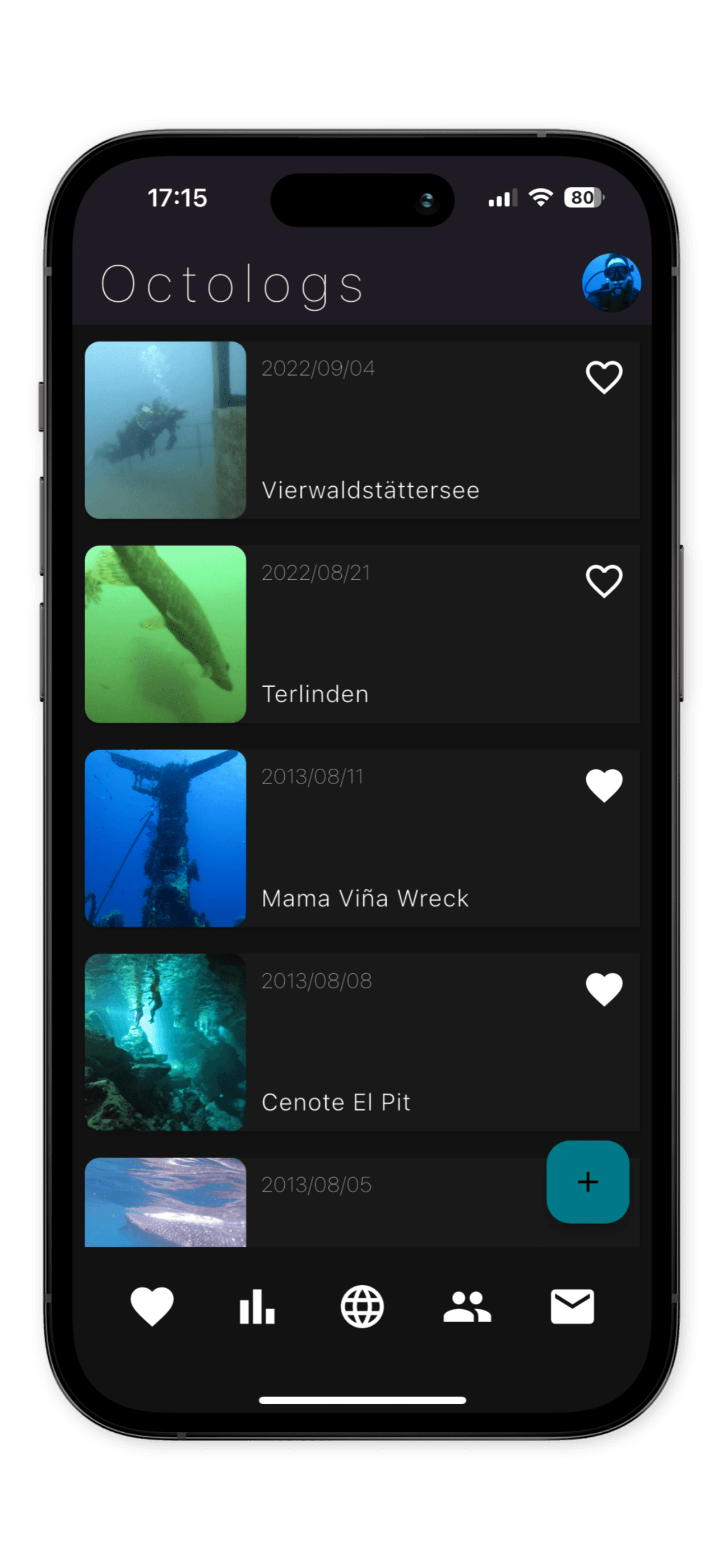 Octologs app main screen showing dive log